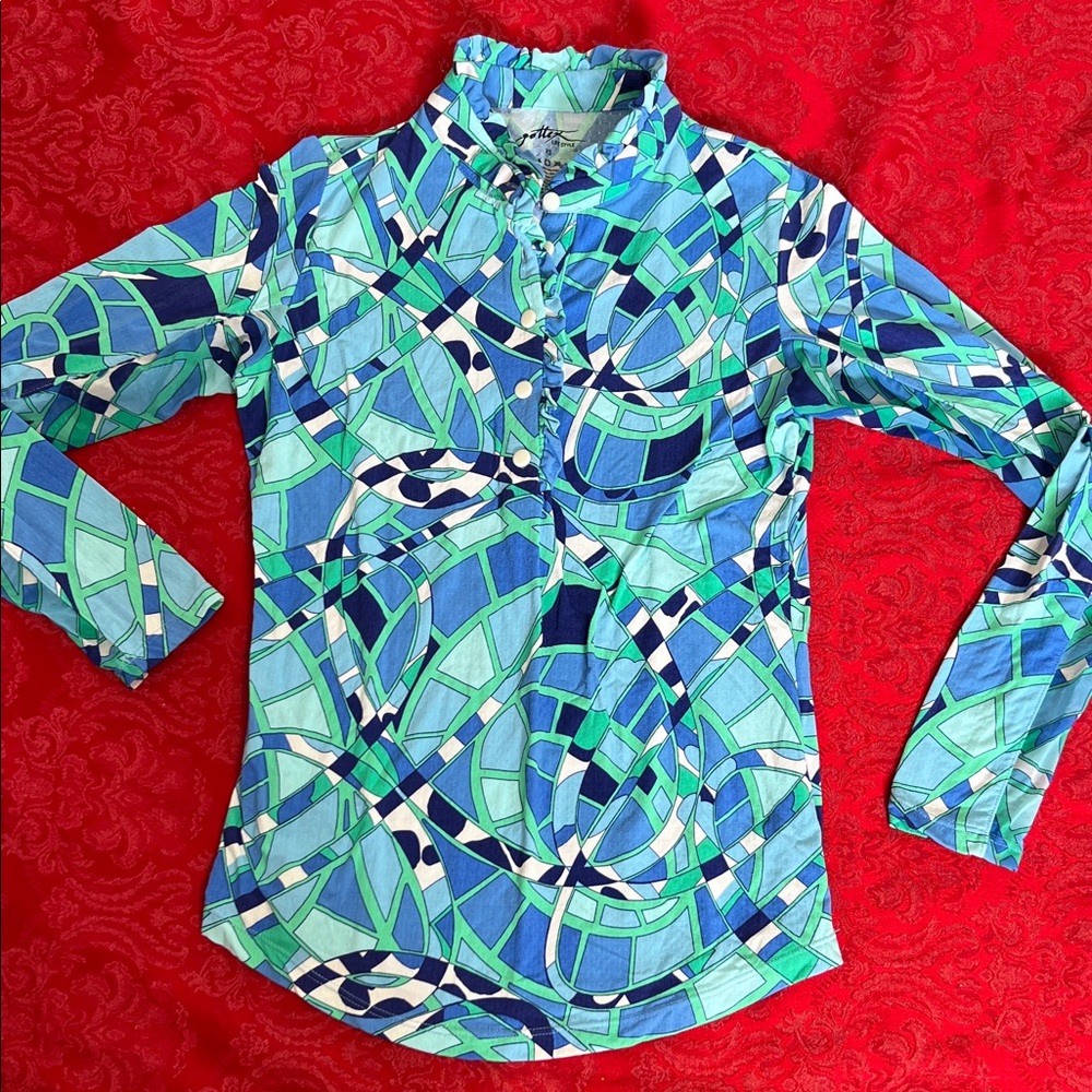 Gottex Lifestyle Geometric Print Button Front Top Blue Green XS Stretch Blouse